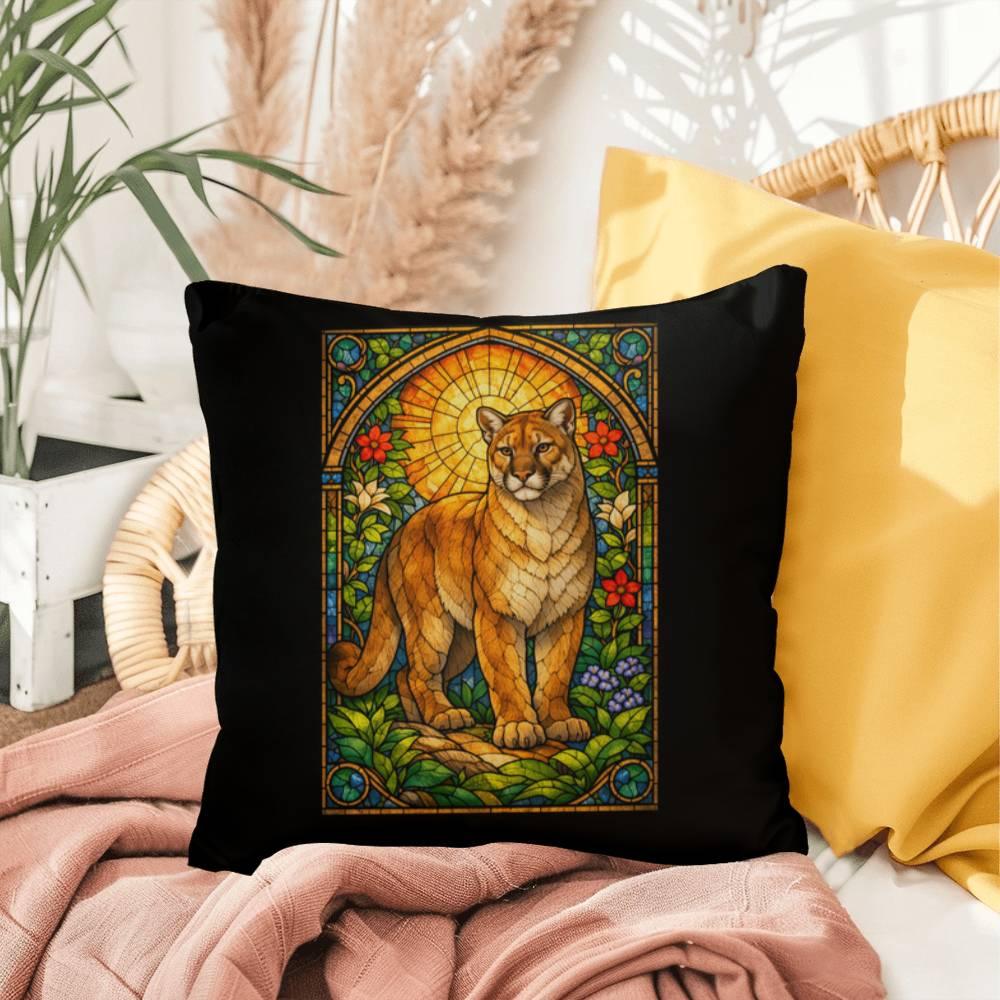Shop our cougar mountain lion stained glass style throw pillow featuring the 20" x 20" style option from MySisterIsASurvivor.