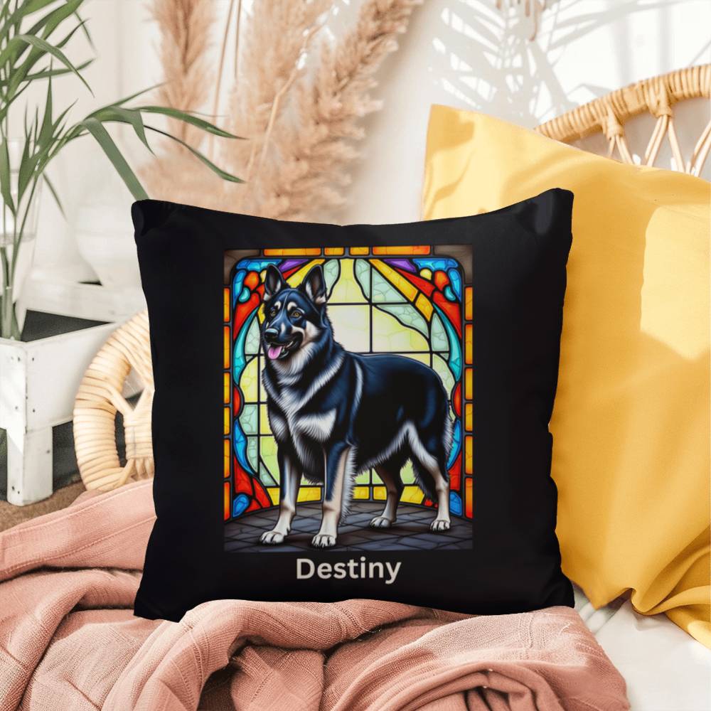 German Shepherd (Black and Silver) Indoor/Outdoor Pillow - Personalized Stained Glass Dog Tribute & Comfort Gift