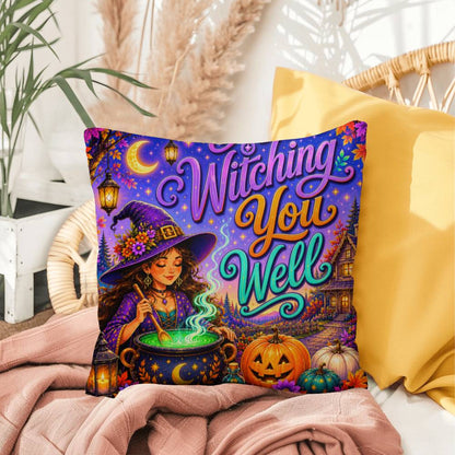Witching You Well Halloween Throw Pillow - Witch Cauldron Moon Fall Pillow