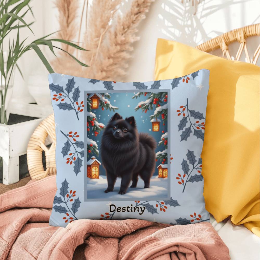 Pomeranian Black Pillow - Fluffy Pom pillow, indoor/outdoor winter dog throw, seasonal accent