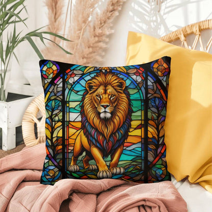 Lion stained glass throw pillow, safari wildlife home decor, indoor outdoor accent cushion