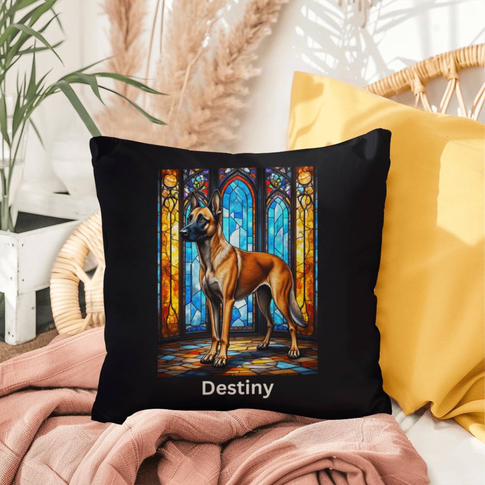 Belgian Malinois (Mahogany) Indoor/Outdoor Pillow - Personalized Stained Glass Dog Tribute & Comfort Gift