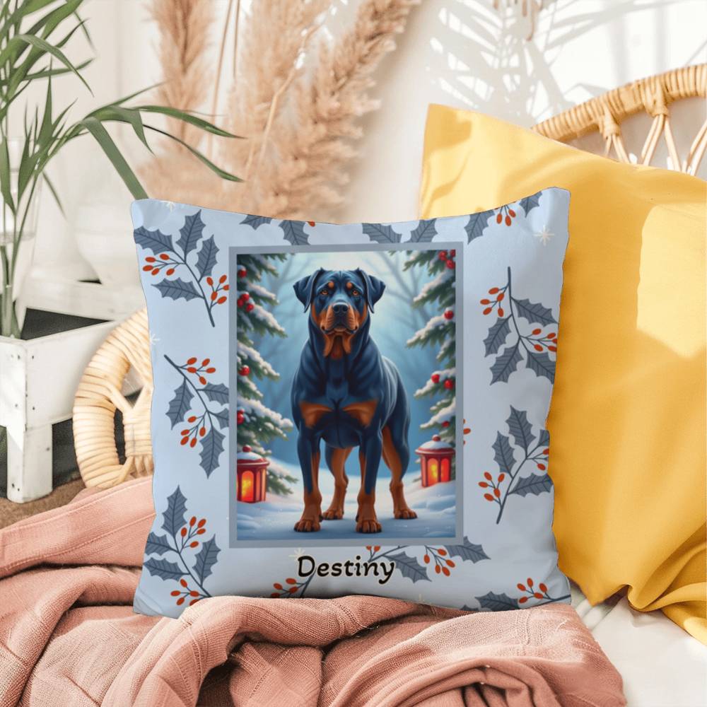 Rottweiler Blue Pillow - Guardian Rottweiler pillow, winter dog throw, indoor/outdoor home accent