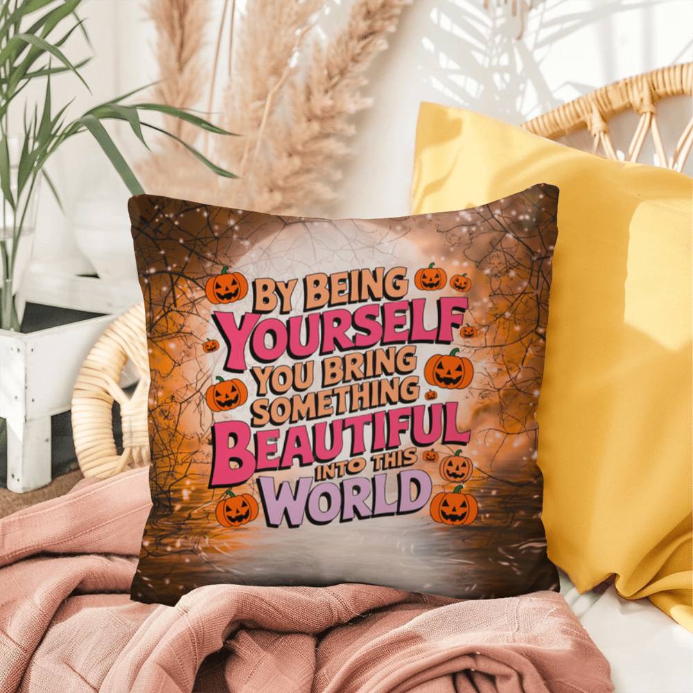Inspirational indoor/outdoor throw pillow with “By Being Yourself” for mental health awareness