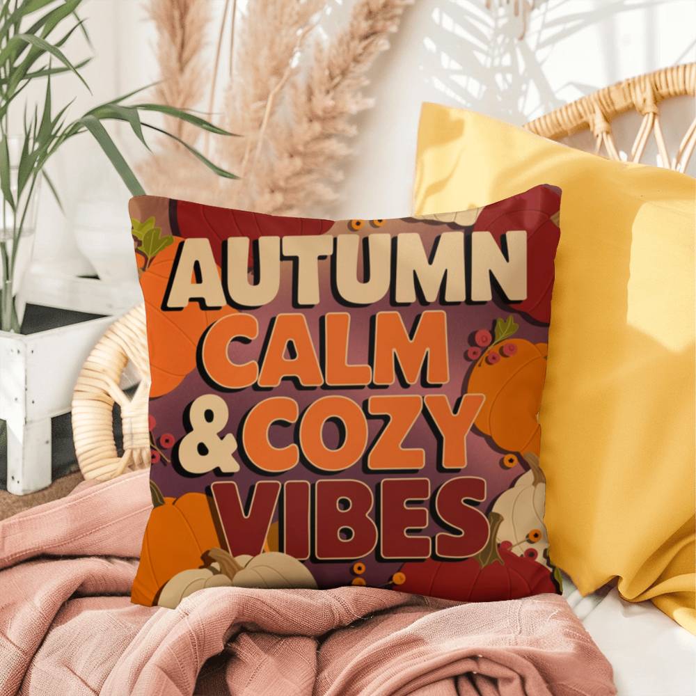 Autumn Calm & Cozy Vibes throw pillow in bright fall colors with mindful quote for Thanksgiving home décor