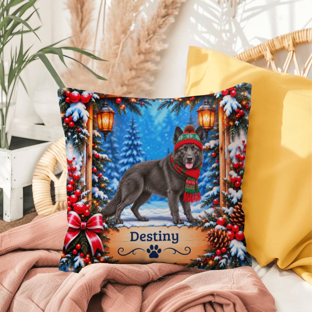 German Shepherd (Solid Blue Steel Coat) - Personalized Woodland Pillow, Custom Name Winter Gift