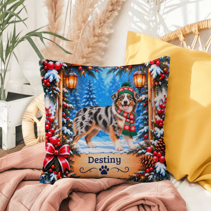 Australian Shepherd (Blue Merle Tri Coat) - Personalized Blue-Eyed Aussie Pillow, Winter Dog Gift