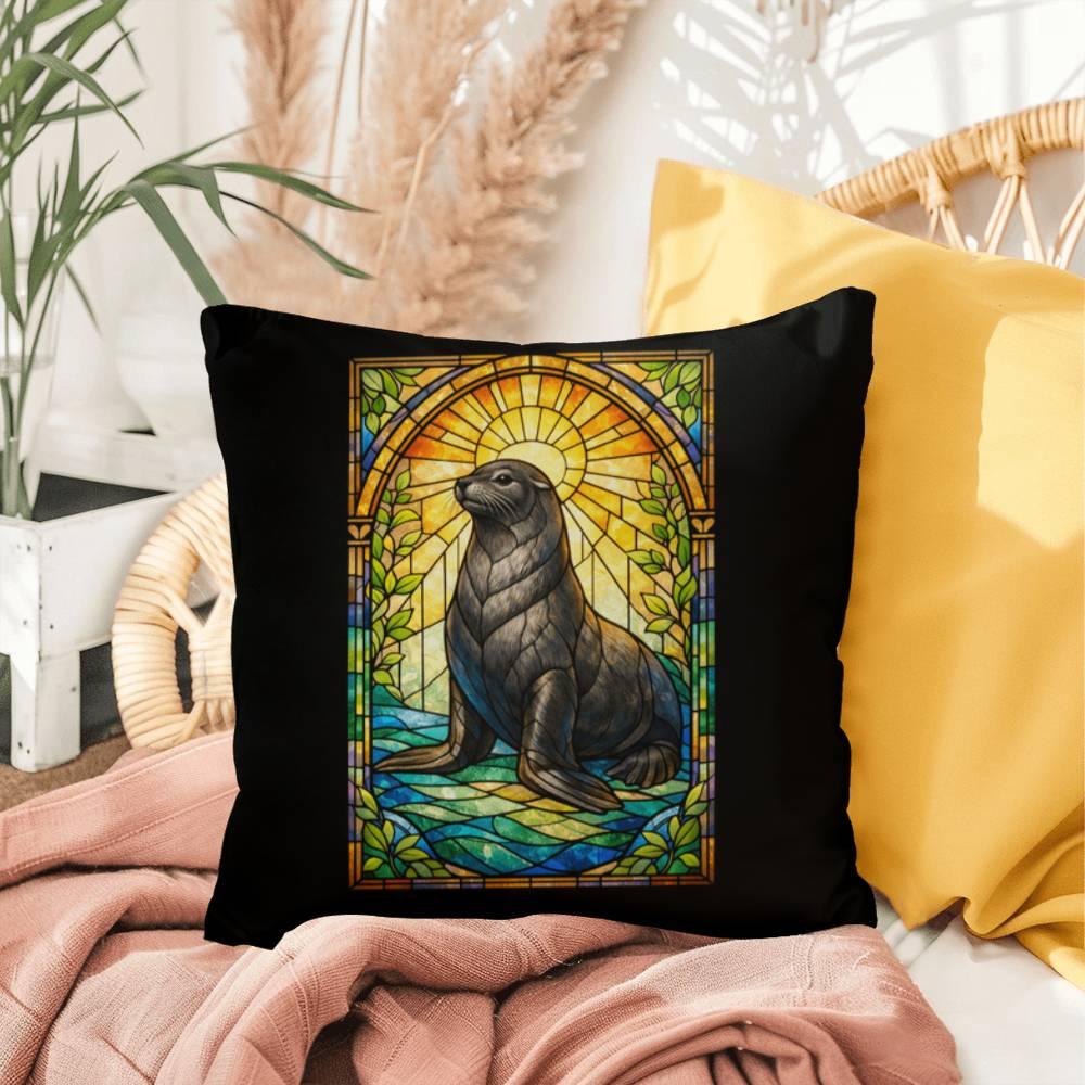 Shop our sea lion stained glass style throw pillow featuring the 20" x 20" style option from MySisterIsASurvivor.