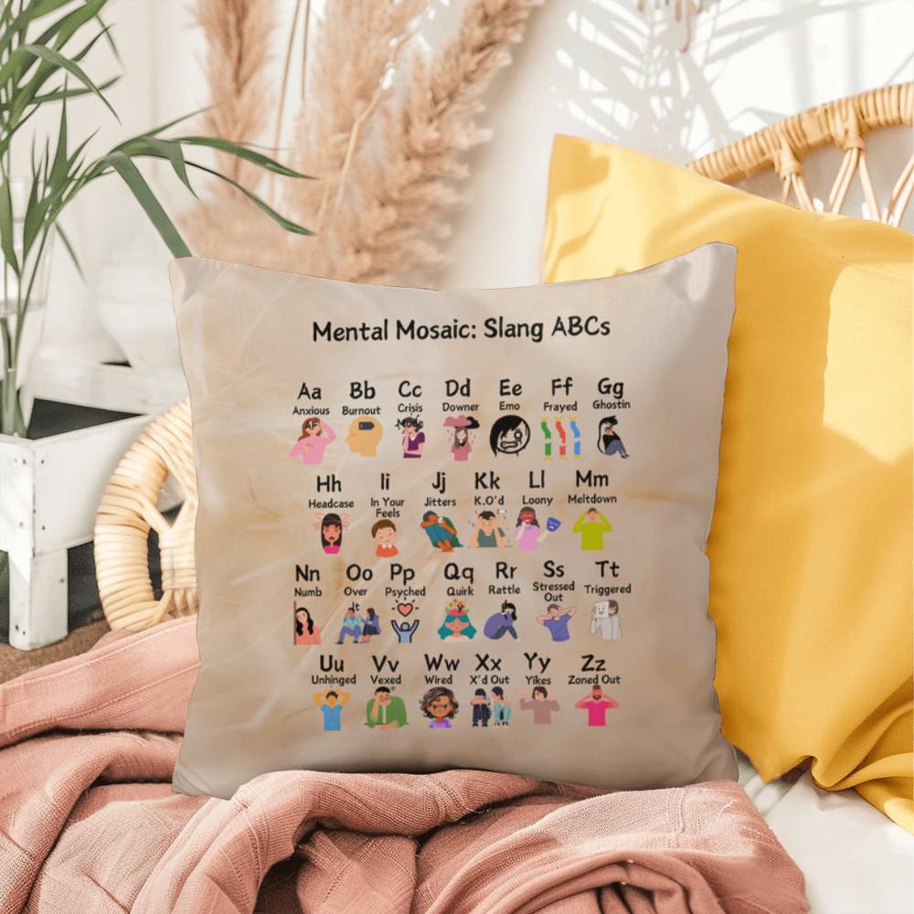 Mental Mosaic: Indoor/Outdoor Pillow - Mental Health Slang From A to Z for Positivity, Awareness & Support