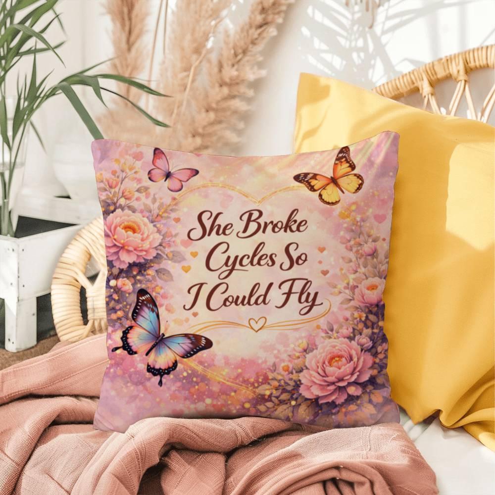 Shop our premium she broke cycles so i could fly throw pillow from MySisterIsASurvivor.