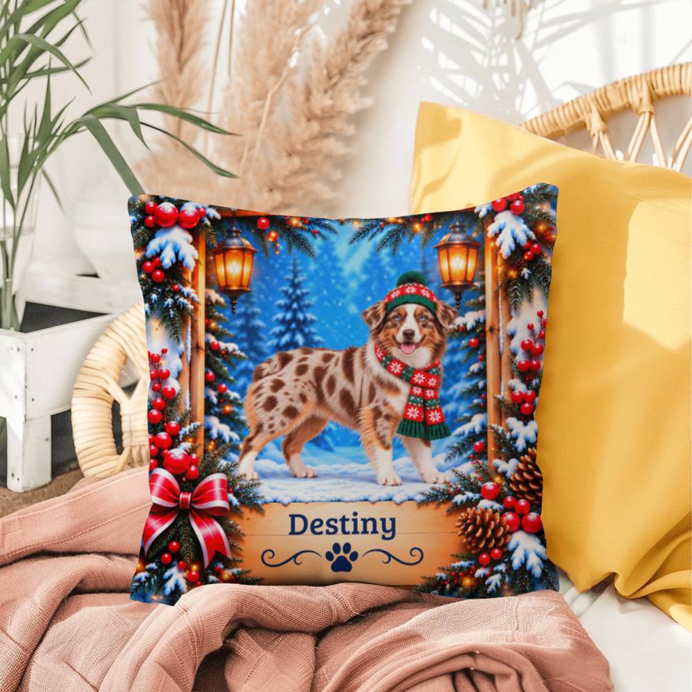 Australian Shepherd (Red Merle Tri, Blue Eyes) - Personalized Throw Pillow, Cozy Winter Dog Gift