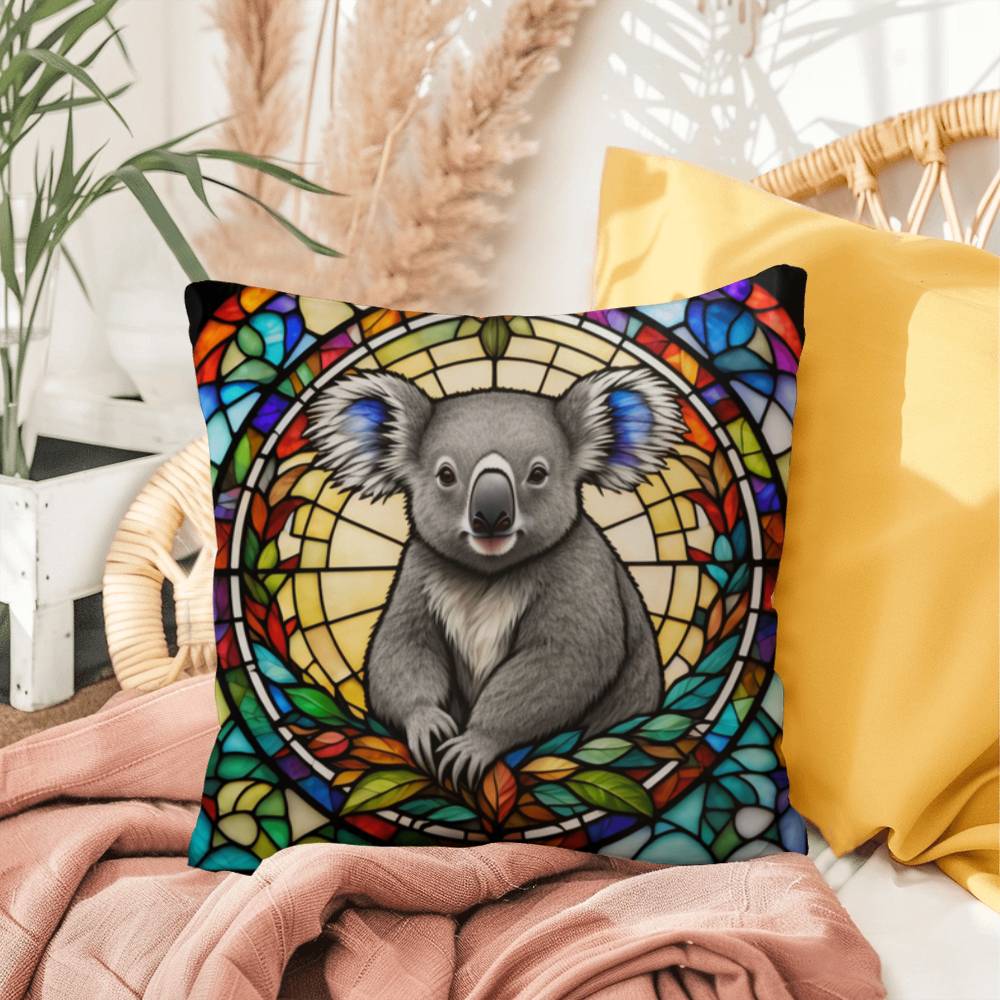 Koala stained glass throw pillow, Australian wildlife decor, indoor outdoor home accent