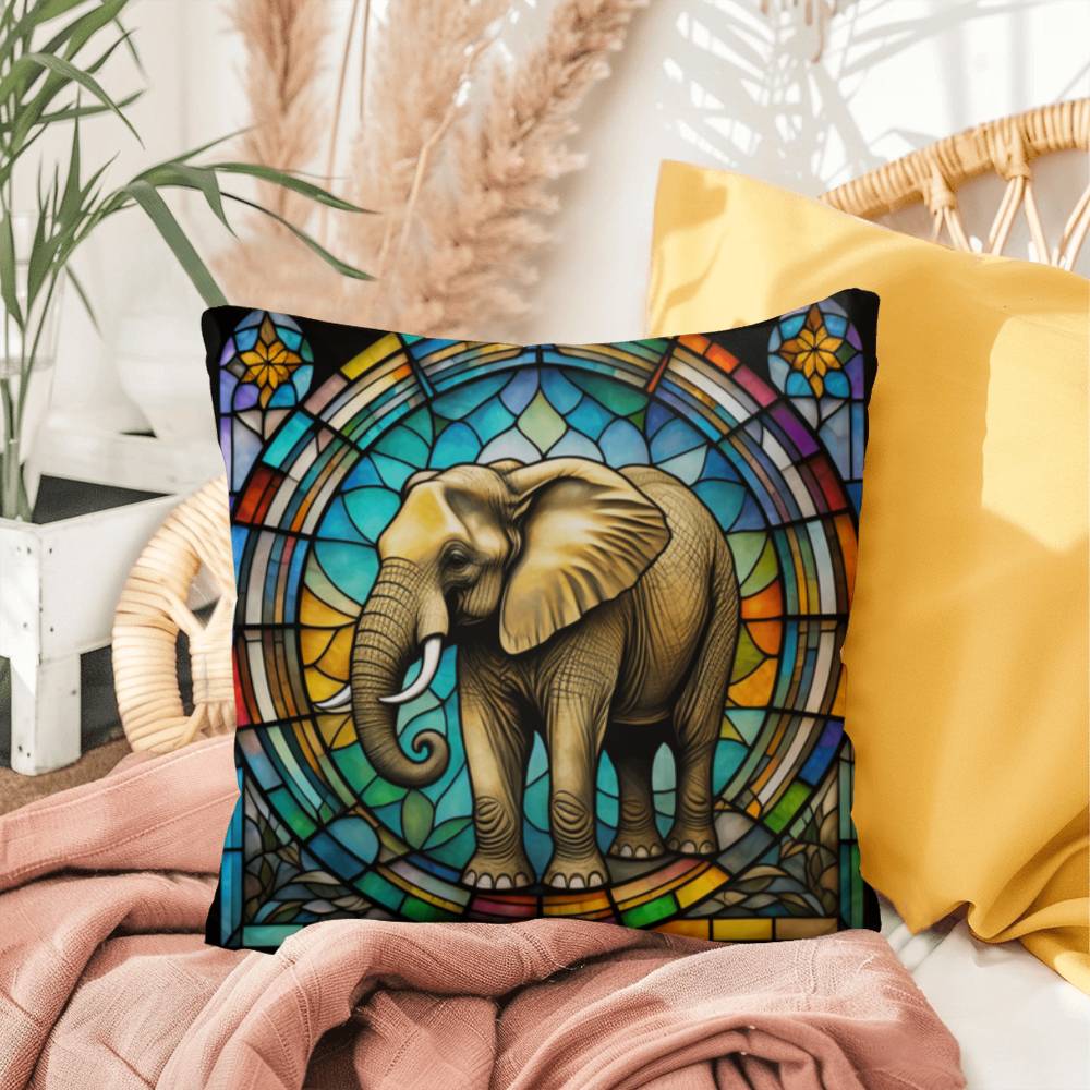 Elephant stained glass throw pillow, safari wildlife home decor, indoor outdoor accent cushion