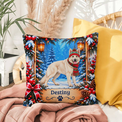 German Shepherd (White Coat) - Personalized Snowy Woodland Pillow, Winter Gift for Dog Lovers