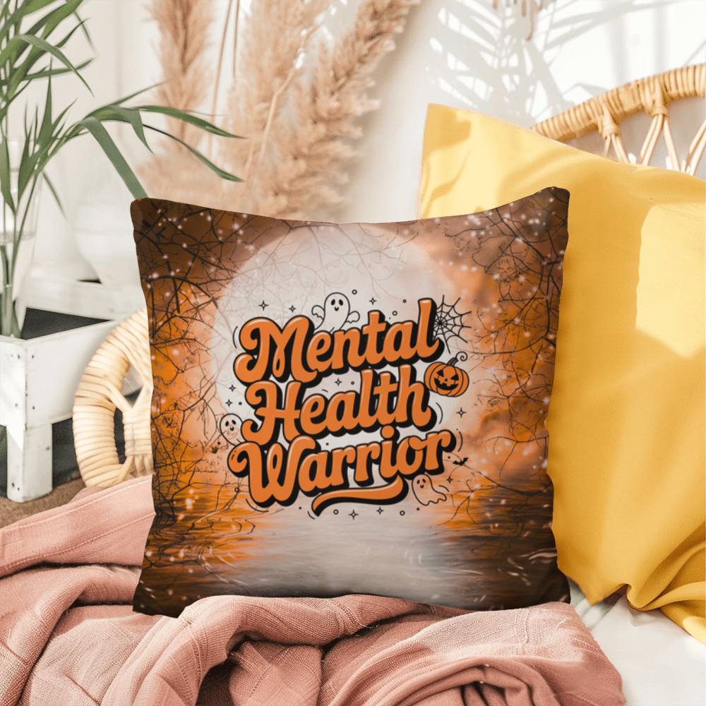 Halloween indoor/outdoor pillow with “Mental Health Warrior” for support and awareness