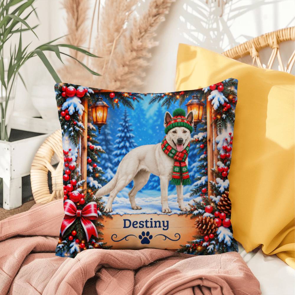 Belgian Malinois (White Coat) - Personalized Snowy Woodland Pillow, Custom Dog Name Winter Gift
