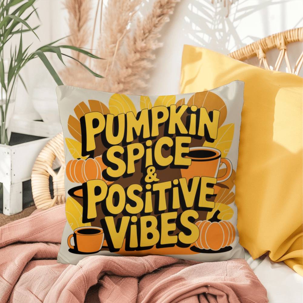 Pumpkin Spice & Positive Vibes pillow with autumn mindfulness message and cozy seasonal décor