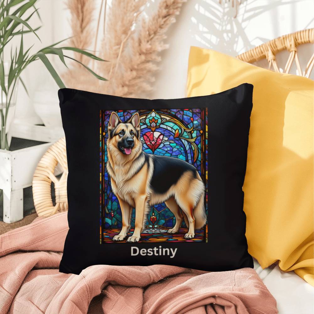 German Shepherd (Black and Cream) Indoor/Outdoor Pillow - Personalized Stained Glass Dog Tribute & Comfort Gift
