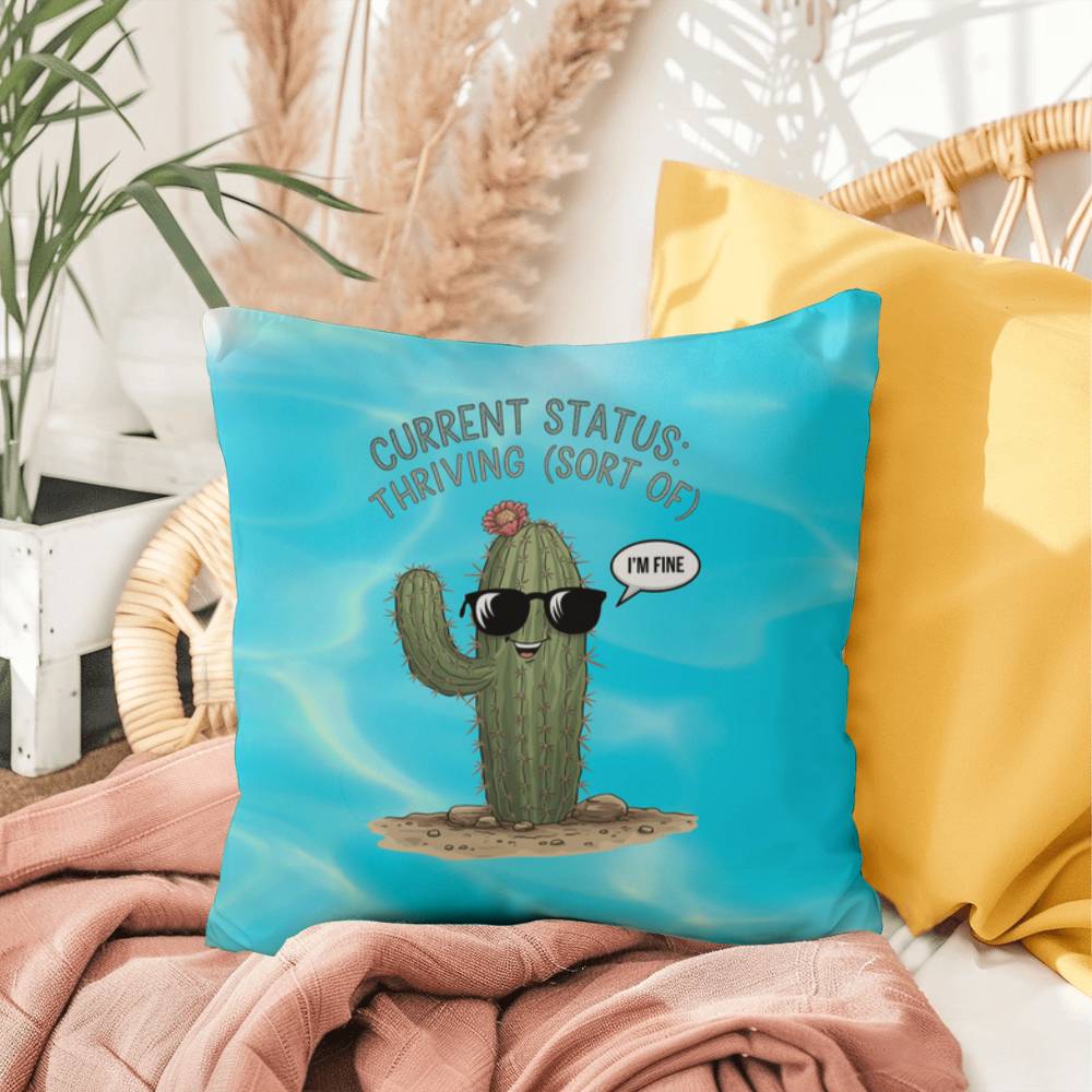 "Current Status: Thriving (Sort Of)" indoor/outdoor pillow, mental health support cushion for anxiety relief and relaxation.