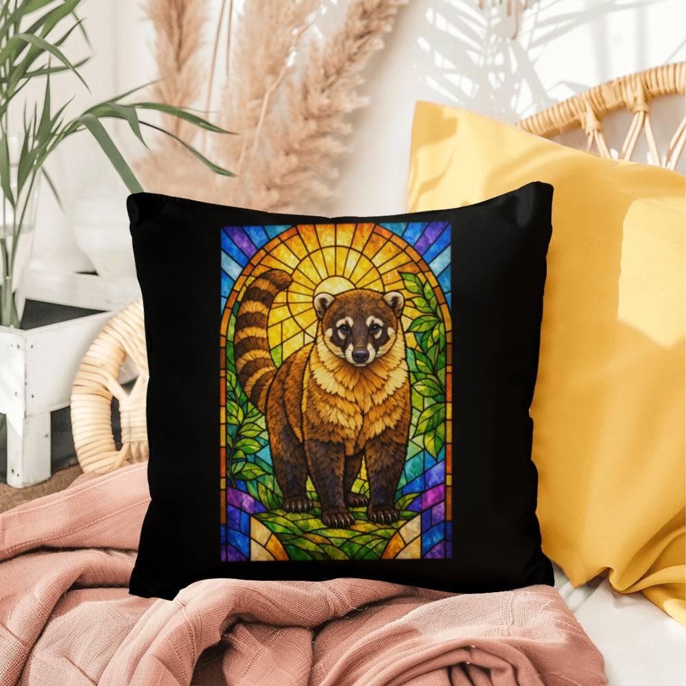 Shop our coati stained glass style throw pillow featuring the 20" x 20" style option from MySisterIsASurvivor.