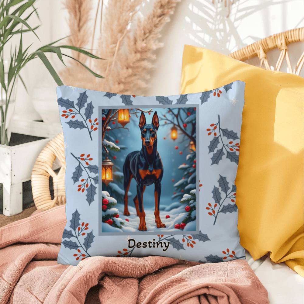 Doberman Blue & Rust Pillow - Festive winter throw pillow, personalized guardian dog home accent, cozy decor