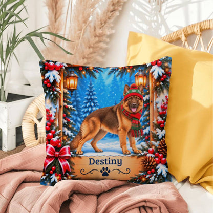 German Shepherd (Liver & Tan Coat) - Personalized Dog Name Pillow, Cozy Woodland Winter Decor