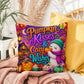Pumpkin Kisses & Cozy Wishes saying with cute autumn artwork on a Halloween throw pillow