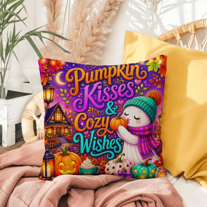Pumpkin Kisses & Cozy Wishes saying with cute autumn artwork on a Halloween throw pillow