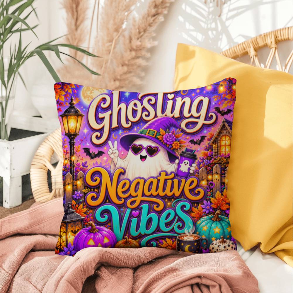 Ghosting Negative Vibes message with peace sign ghost artwork on a positive Halloween throw pillow
