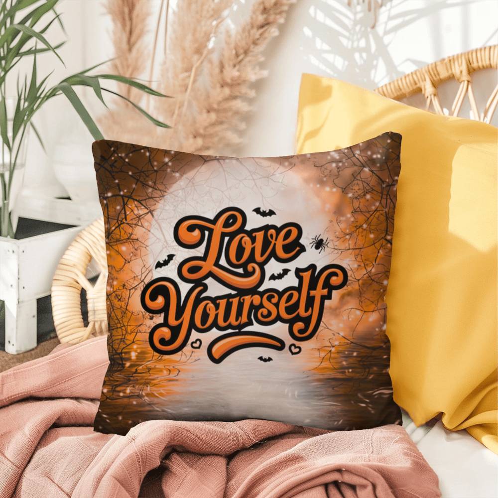 Halloween indoor/outdoor pillow with “Love Yourself” for mental health and self-love décor