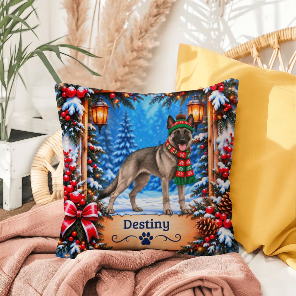 Belgian Malinois (Gray Sable Coat) - Personalized Winter Forest Pillow, Custom Dog Name Gift
