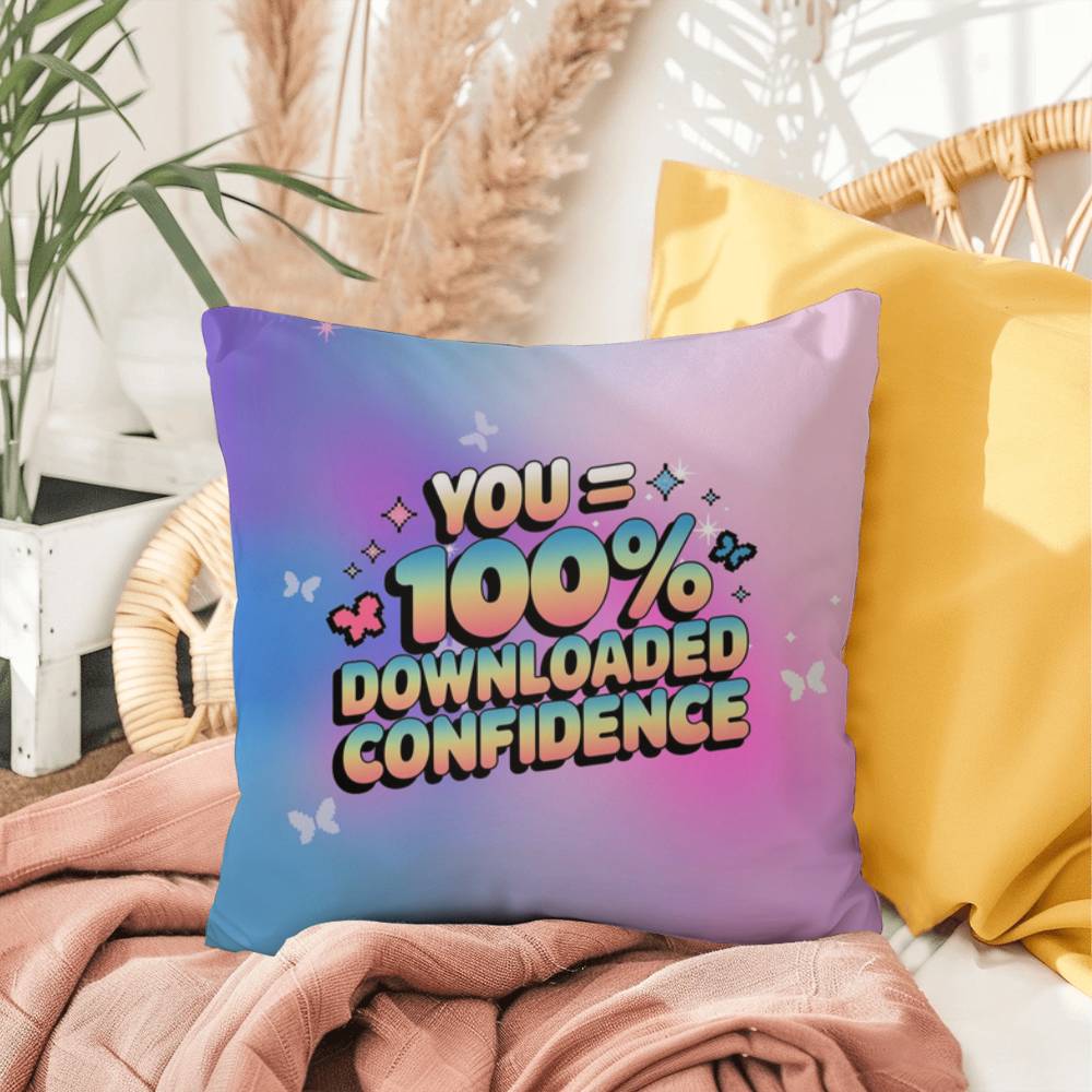 "100% Downloaded Confidence" statement pillow with customizable Y2K design and sparkly digital visuals in a soothing palette