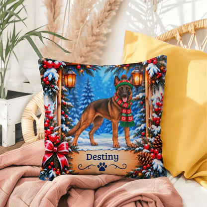 Belgian Malinois (Mahogany Sable Coat) - Personalized Winter Pillow, Custom Dog Name Gift