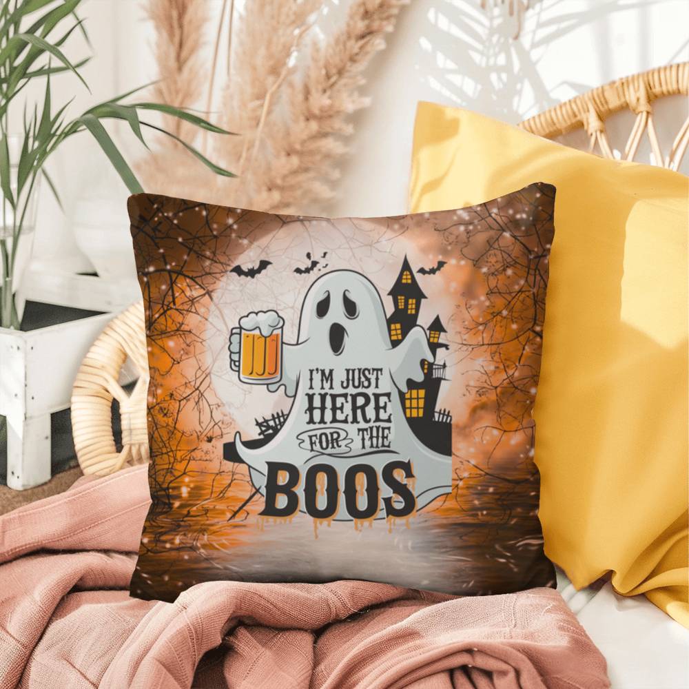 Ghost-themed indoor/outdoor Halloween pillow with “I’m Just Here For The Boos” for fun décor