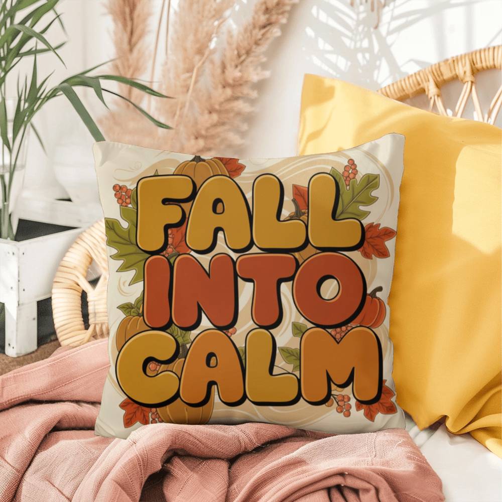 Fall Into Calm throw pillow with autumn gratitude quote, cozy seasonal comfort for Thanksgiving décor