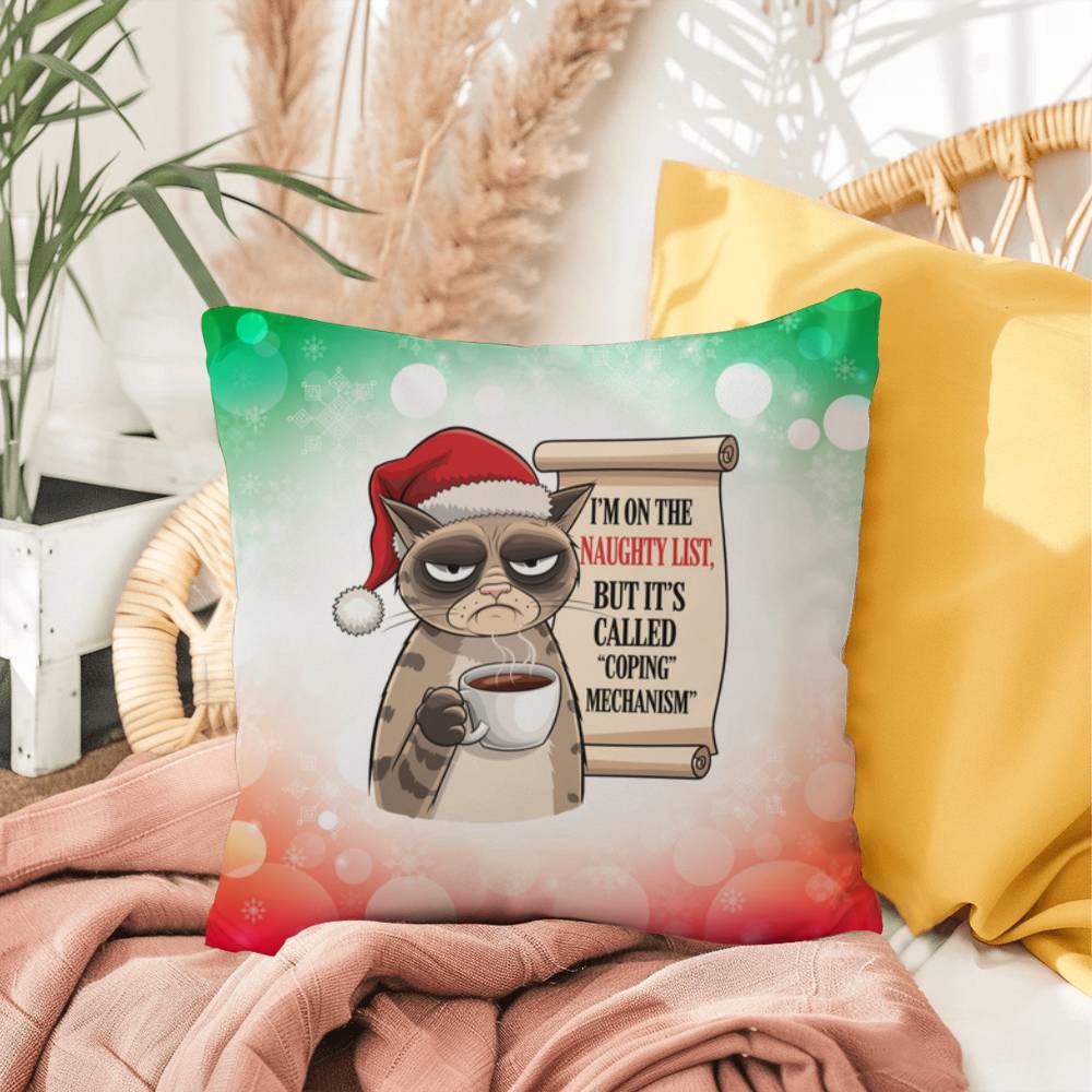 I’m on the Naughty List (Cat) Throw Pillow - Funny Christmas pet lover holiday decorative pillow