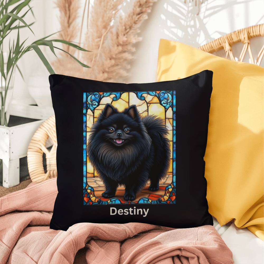 Pomeranian (Black) Indoor/Outdoor Pillow - Personalized Stained Glass Dog Tribute & Comfort Gift
