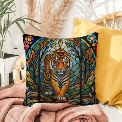 Tiger stained glass throw pillow, jungle wildlife decor, indoor outdoor accent pillow