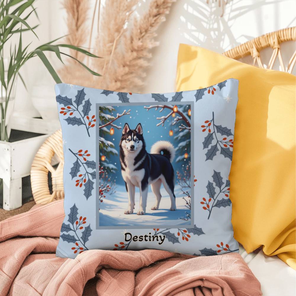 Husky Black & White Pillow - Snow dog winter throw pillow, indoor/outdoor Husky accent, holiday decor