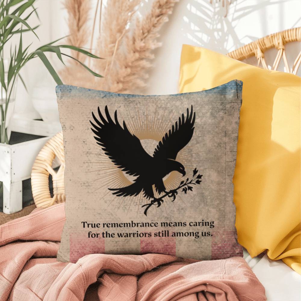 True Remembrance Means Caring Indoor/Outdoor Pillow: Resilient Comfort - Mental Health & Memorial Tribute