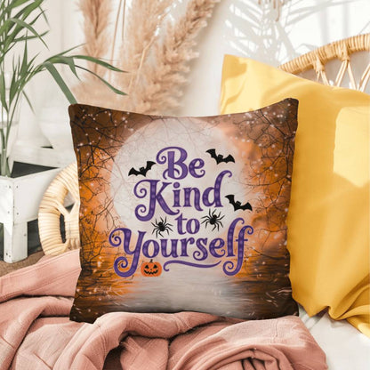 Inspirational Halloween indoor/outdoor pillow featuring “Be Kind To Yourself” for self-care and positivity