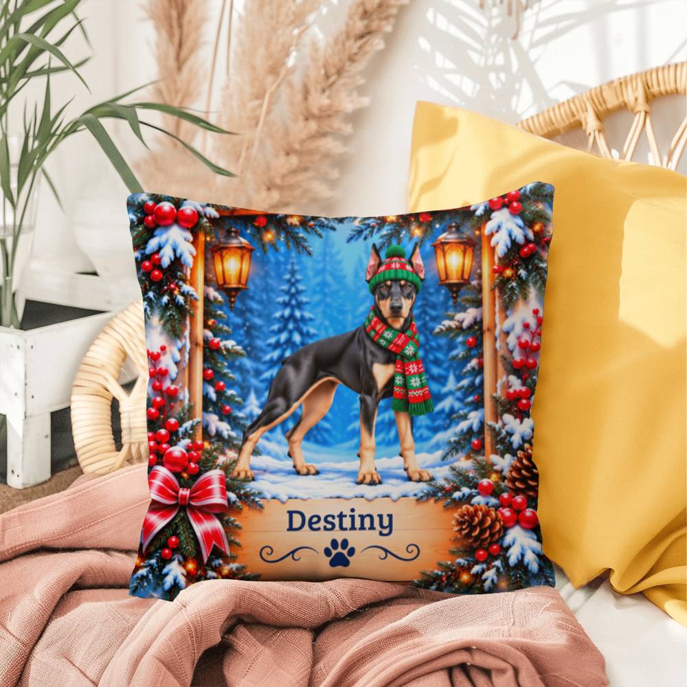 Doberman (Black & Fawn Coat) - Personalized Winter Home Decor, Custom Name Throw Pillow