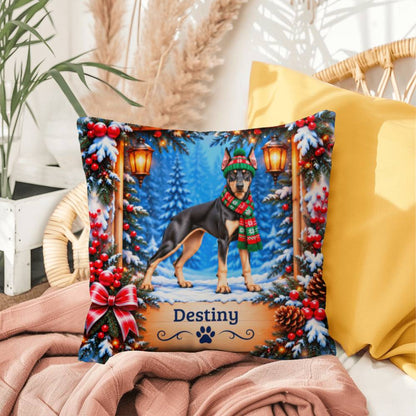 Doberman (Black & Fawn Coat) - Personalized Winter Home Decor, Custom Name Throw Pillow
