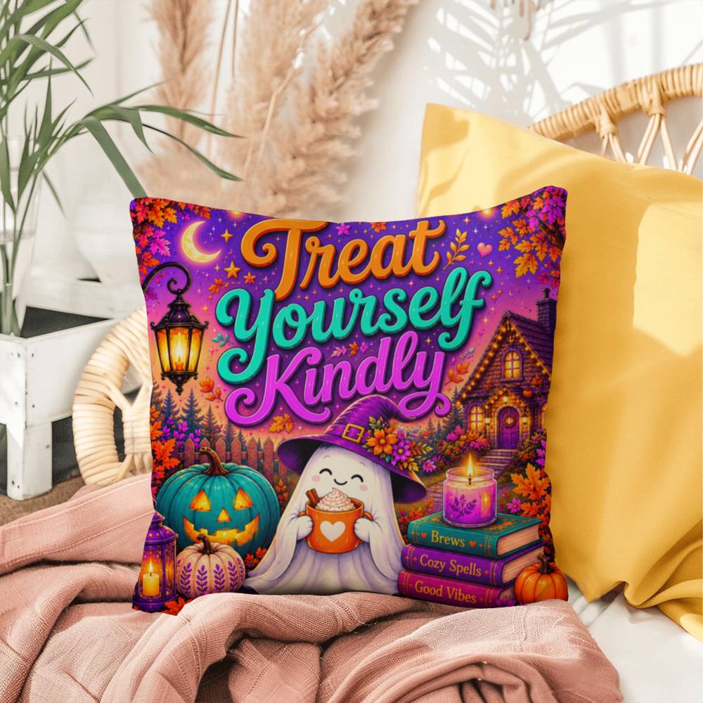 Treat Yourself Kindly message with self care inspired Halloween artwork on a decorative pillow