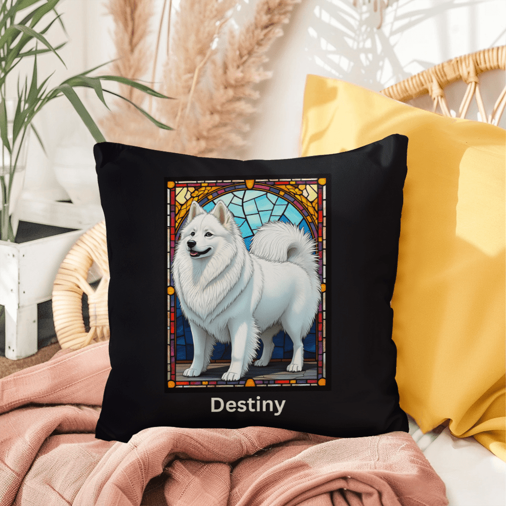 American Eskimo Stained Glass Pillow, personalized home and patio décor for dog lovers