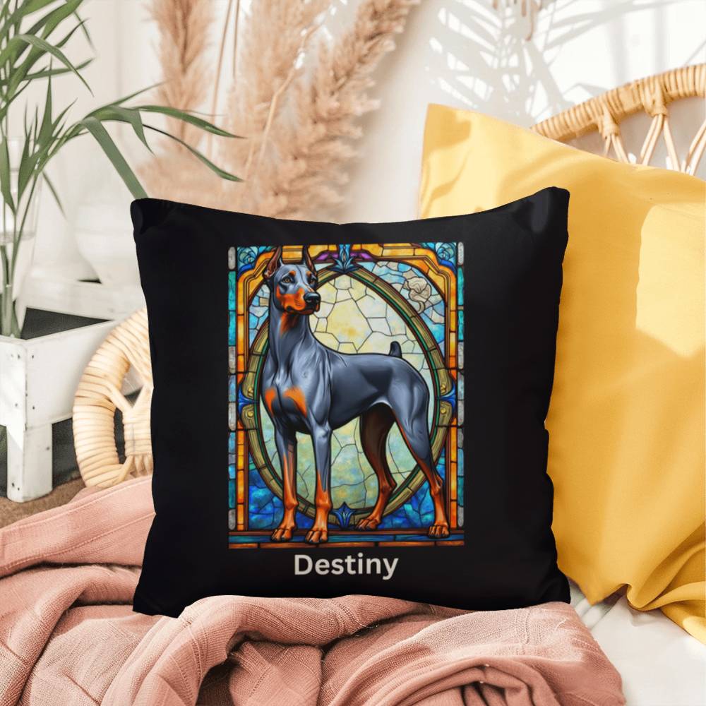 Doberman Pinscher (Blue & Rust) Indoor/Outdoor Pillow - Personalized Stained Glass Dog Tribute & Comfort Gift
