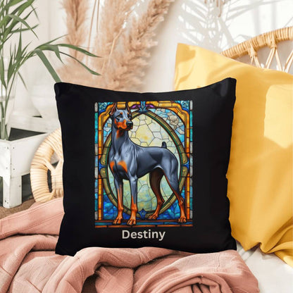 Doberman Pinscher (Blue & Rust) Indoor/Outdoor Pillow - Personalized Stained Glass Dog Tribute & Comfort Gift