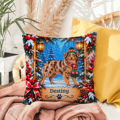 Australian Shepherd (Red Merle & Copper Bi Coat) - Personalized Aussie Name Pillow, Winter Gift