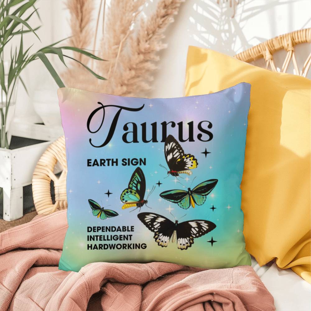 Taurus Butterfly Indoor/Outdoor Pillow – Zodiac Astrology Decor, Boho Accent for Home & Patio