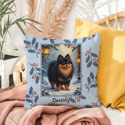 Pomeranian Black & Tan Pillow - Winter Pom throw pillow, festive dog accent, cozy indoor home decor